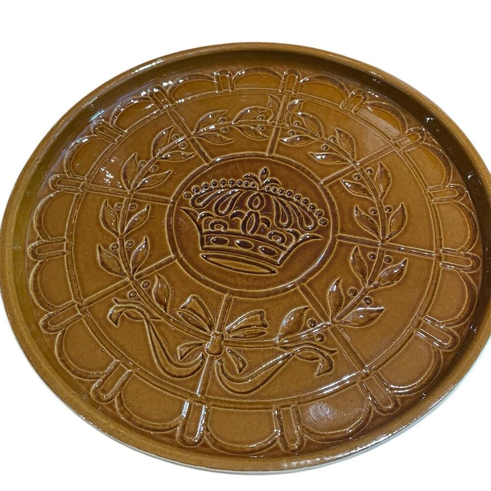 Vintage Brown Stoneware Collector Plate with Crown Design